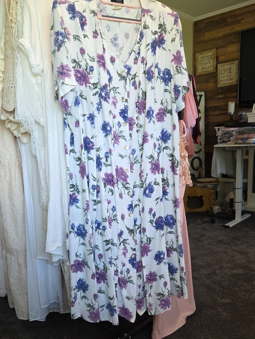 Floral Button-Front Midi Dress - White with Purple & Blue Flowers